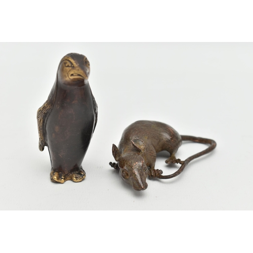 139 - TWO BRONZE FIGURES, one in the form of a penguin the other in the form of a mouse, unsigned