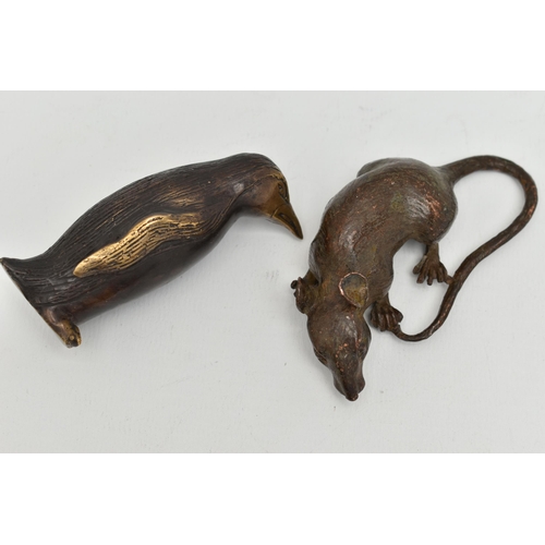 139 - TWO BRONZE FIGURES, one in the form of a penguin the other in the form of a mouse, unsigned