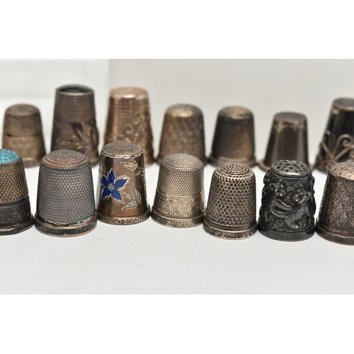 142 - A BAG OF WHITE METAL THIMBLES, various designs and patterns, some set with semi-precious stone termi... 