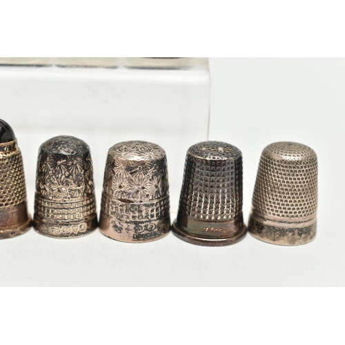 144 - ASSORTED THIMBLES, to include five silver thimbles, hallmarked 'Charles Horner' Chester, nine white ... 