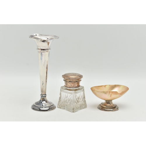 153 - THREE ITEMS OF SILVER, to include an early 20th century tapered posy vase, on a round weighted base,... 