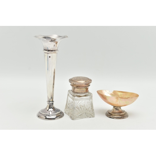 153 - THREE ITEMS OF SILVER, to include an early 20th century tapered posy vase, on a round weighted base,... 