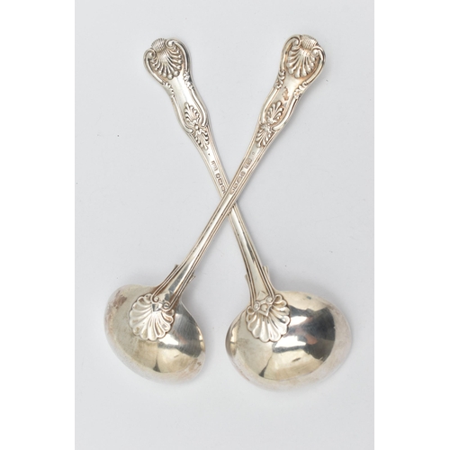 154 - A PAIR OF EARLY VICTORIAN SILVER SAUCE LADLES, Kings pattern with engraved initial to each terminal,... 