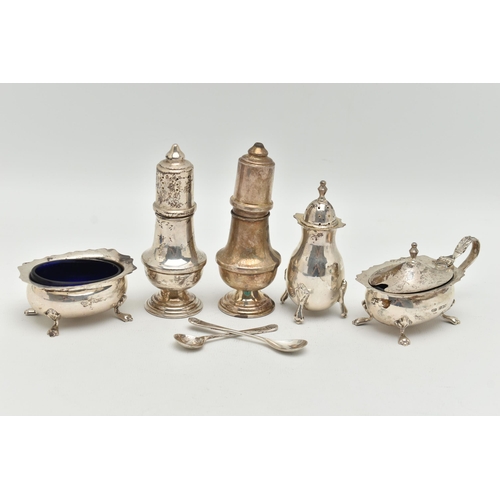 156 - ASSORTED SILVER CONDIMENT PIECES, to include a salt and matching mustard, both with wavy rims, raise... 