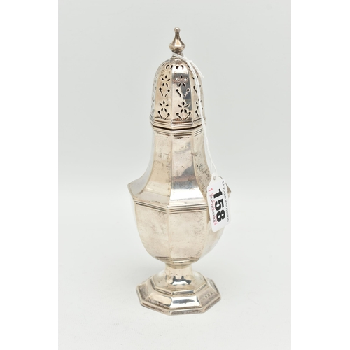 158 - A GEORGE V SILVER SUGAR CASTER, faceted form, pierced cover with pointed finial, on a weighted base,... 