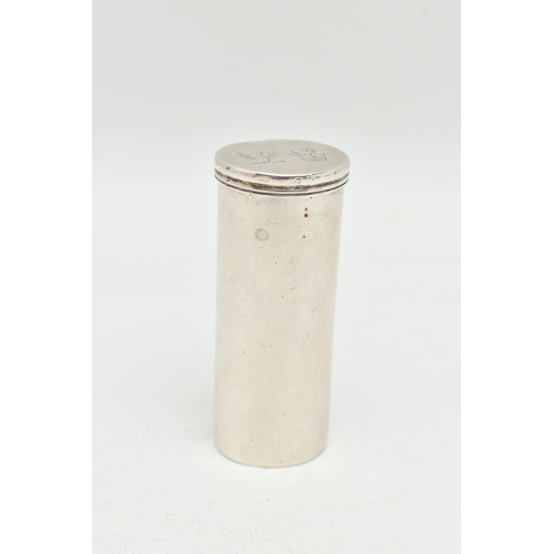 160 - A MID-VICTORIAN SILVER NUTMEG GRATER, cylindrical polished form, hinged cover with engraved crests t... 