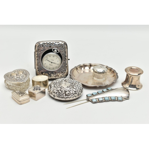 162 - A SELECTION OF SILVER ITEMS, to include a silver ink well, hallmarked Birmingham, a silver pill box ... 