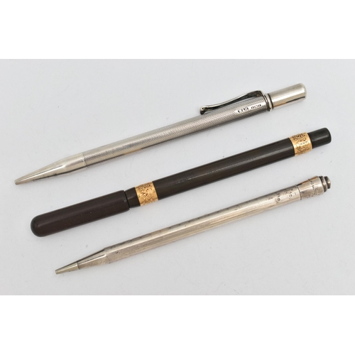 163 - TWO PENCILS AND A FOUNTAIN PEN, to include a silver 'Walker & Hall' propelling pencil, engine turned... 