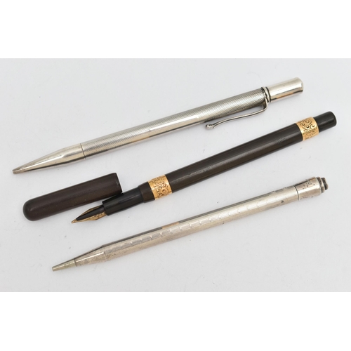 163 - TWO PENCILS AND A FOUNTAIN PEN, to include a silver 'Walker & Hall' propelling pencil, engine turned... 