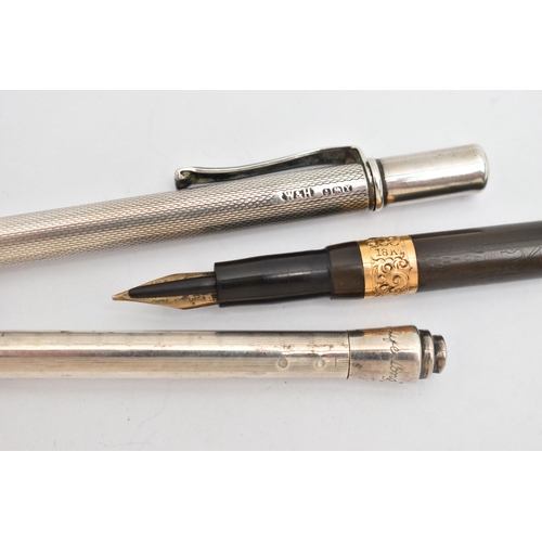 163 - TWO PENCILS AND A FOUNTAIN PEN, to include a silver 'Walker & Hall' propelling pencil, engine turned... 