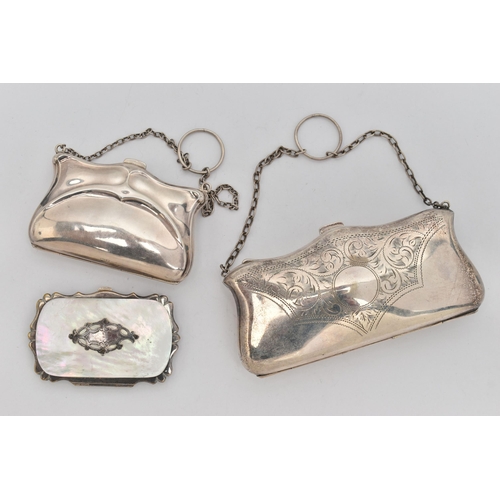 168 - A SILVER COIN PURSE AND TWO OTHERS, an early 20th century silver Art Nouveau pattern purse, hallmark... 