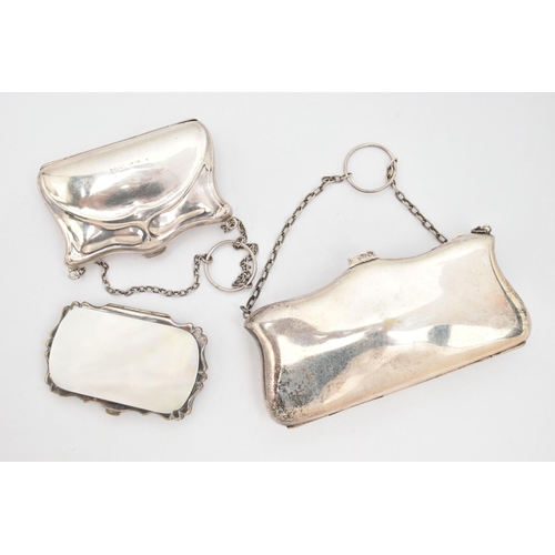 168 - A SILVER COIN PURSE AND TWO OTHERS, an early 20th century silver Art Nouveau pattern purse, hallmark... 