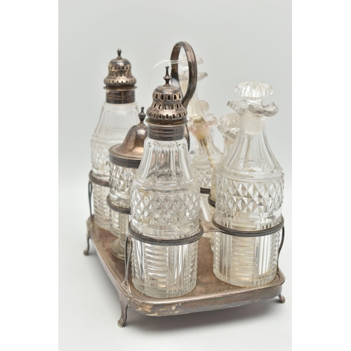 171 - A GEORGE III SILVER CRUET STAND, reeded design with seven divisions, a rectangular form tray with wo... 