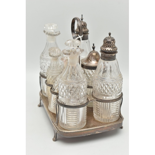 171 - A GEORGE III SILVER CRUET STAND, reeded design with seven divisions, a rectangular form tray with wo... 