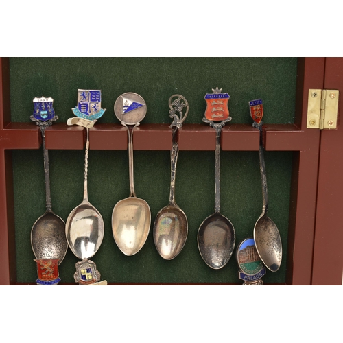 172 - A CASE OF ASSORTED SILVER AND WHITE METAL SPOONS, a selection of seven silver souvenir spoons and an... 