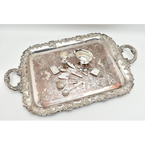 175 - A PARCEL OF SILVER AND SILVER PLATE, the silver items comprising two rectangular vesta cases, both e... 