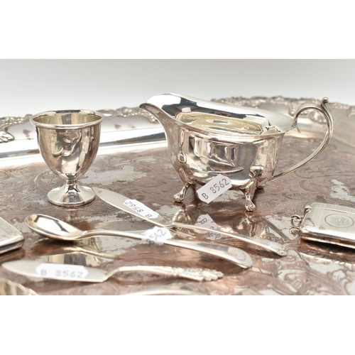 175 - A PARCEL OF SILVER AND SILVER PLATE, the silver items comprising two rectangular vesta cases, both e... 