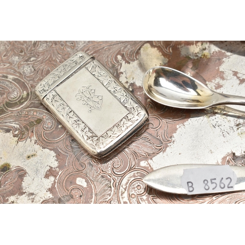 175 - A PARCEL OF SILVER AND SILVER PLATE, the silver items comprising two rectangular vesta cases, both e... 