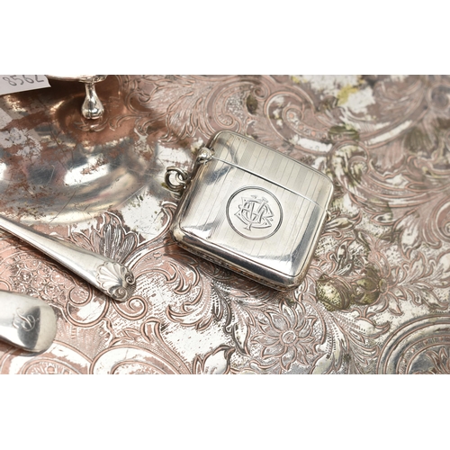 175 - A PARCEL OF SILVER AND SILVER PLATE, the silver items comprising two rectangular vesta cases, both e... 