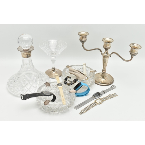 176 - A BOX OF ASSORTED SILVER AND GLASS WARE, to include a silver candle stick, two branches off a taperi... 