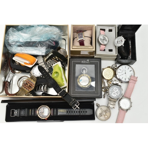 180 - A TIN OF ASSORTED WRISTWATCHES, to include a boxed 'Butler & Wilson' quartz, paste set bezel wristwa... 