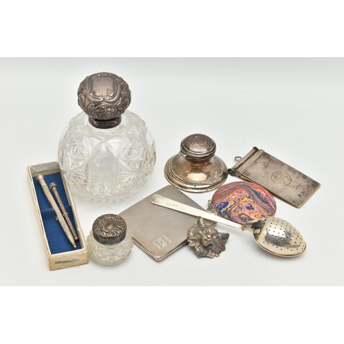 181 - A BOX OF VARIOUS SILVER AND WHITE METAL ITEMS, to include a round glass scent bottle fitted with a h... 