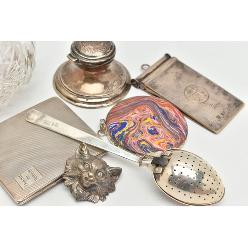 181 - A BOX OF VARIOUS SILVER AND WHITE METAL ITEMS, to include a round glass scent bottle fitted with a h... 