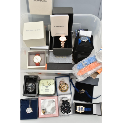 187 - A BOX OF ASSORTED WRISTWATCHES, to include a ladies boxed 'Emporio Armani' quartz wristwatch in a ro... 