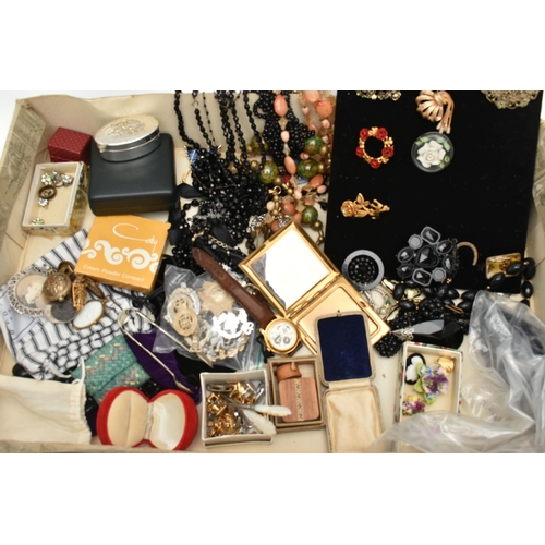 188 - A BOX OF ASSORTED COSTUME JEWELLERY AND ITEMS, to include a black suede display stand with attached ... 