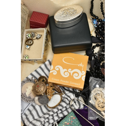 188 - A BOX OF ASSORTED COSTUME JEWELLERY AND ITEMS, to include a black suede display stand with attached ... 