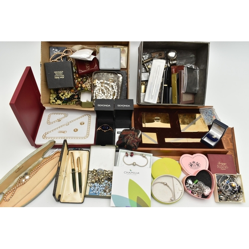 191 - A BOX OF ASSORTED COSTUME JEWELLERY, to include a boxed 'Chamilia' snake bracelet with one paste cha... 