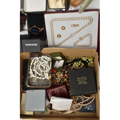 191 - A BOX OF ASSORTED COSTUME JEWELLERY, to include a boxed 'Chamilia' snake bracelet with one paste cha... 