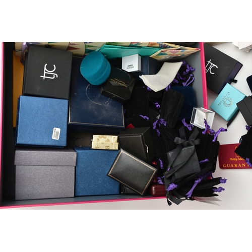 192 - A BOX OF EMPTY JEWELLERY BOXES AND JEWELLERY POUCHES, for rings, bracelets, earrings etc