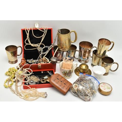 194 - A JEWELLERY BOX WITH CONTENTS AND TANKARDS, to include a red jewellery box with contents of costume ... 