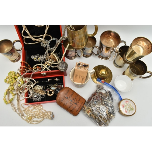 194 - A JEWELLERY BOX WITH CONTENTS AND TANKARDS, to include a red jewellery box with contents of costume ... 