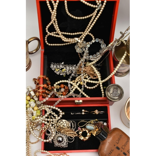 194 - A JEWELLERY BOX WITH CONTENTS AND TANKARDS, to include a red jewellery box with contents of costume ... 