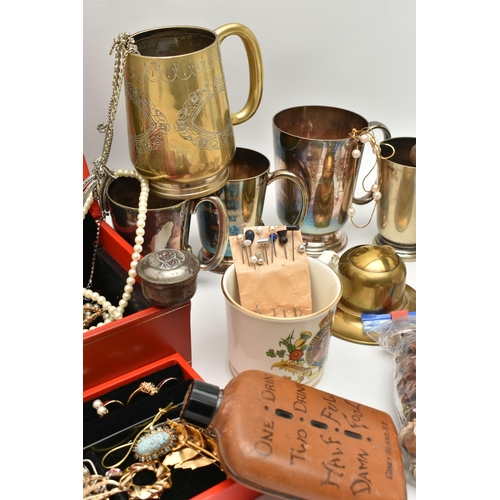 194 - A JEWELLERY BOX WITH CONTENTS AND TANKARDS, to include a red jewellery box with contents of costume ... 