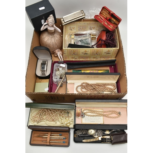 195 - ASSORTED COSTUME JEWELLERY, WATCHES AND PENS, to include three boxes of imitation pearl necklaces, a... 