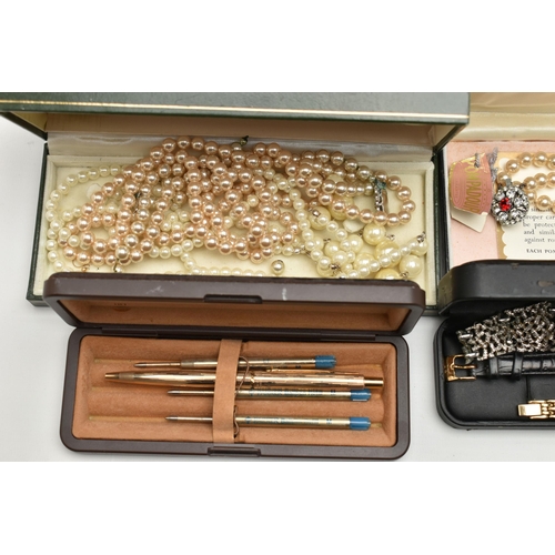 195 - ASSORTED COSTUME JEWELLERY, WATCHES AND PENS, to include three boxes of imitation pearl necklaces, a... 