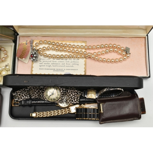 195 - ASSORTED COSTUME JEWELLERY, WATCHES AND PENS, to include three boxes of imitation pearl necklaces, a... 