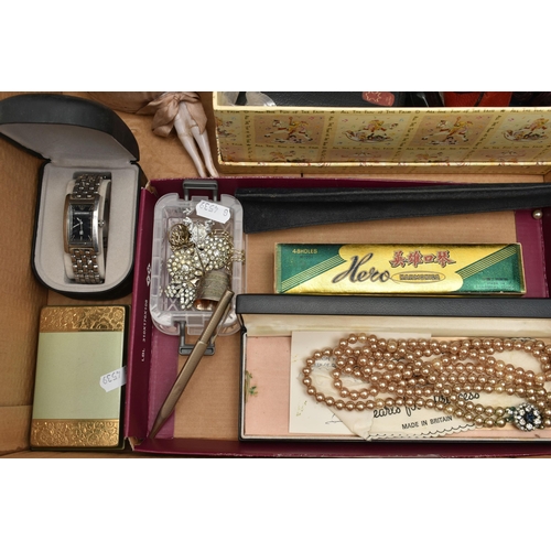 195 - ASSORTED COSTUME JEWELLERY, WATCHES AND PENS, to include three boxes of imitation pearl necklaces, a... 