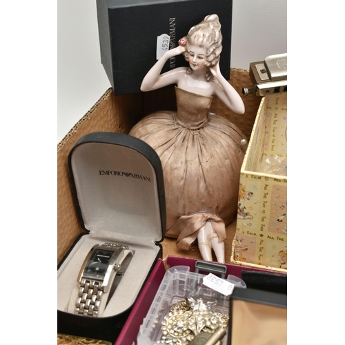 195 - ASSORTED COSTUME JEWELLERY, WATCHES AND PENS, to include three boxes of imitation pearl necklaces, a... 