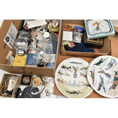 196 - A BOX OF ASSORTED COSTUME JEWELLERY, ITEMS AND COINS, to include various beaded necklaces, bracelets... 