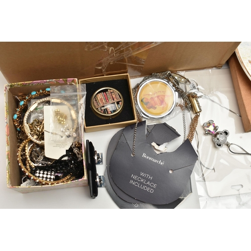 196 - A BOX OF ASSORTED COSTUME JEWELLERY, ITEMS AND COINS, to include various beaded necklaces, bracelets... 