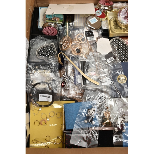 196 - A BOX OF ASSORTED COSTUME JEWELLERY, ITEMS AND COINS, to include various beaded necklaces, bracelets... 