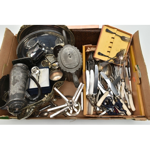 199 - A BOX OF ASSORTED WHITE METAL WARE AND CUTLERY, to include entree dishes, goblet, small trays, AF te... 