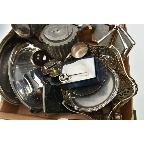 199 - A BOX OF ASSORTED WHITE METAL WARE AND CUTLERY, to include entree dishes, goblet, small trays, AF te... 