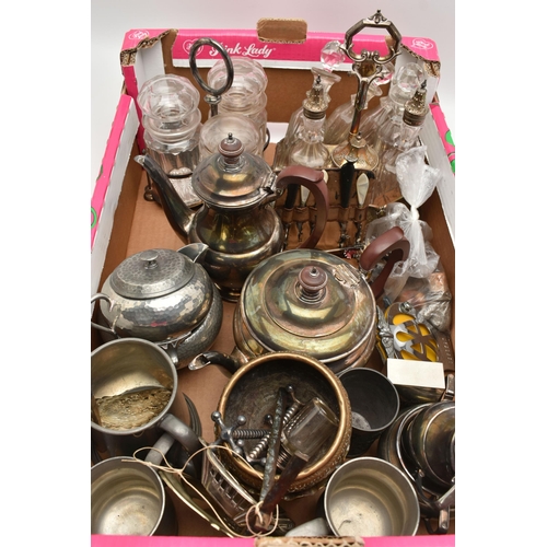 200 - A BOX OF ASSORTED ITEMS, to include a four piece tea set, two condiment stands, assorted novelty bot... 