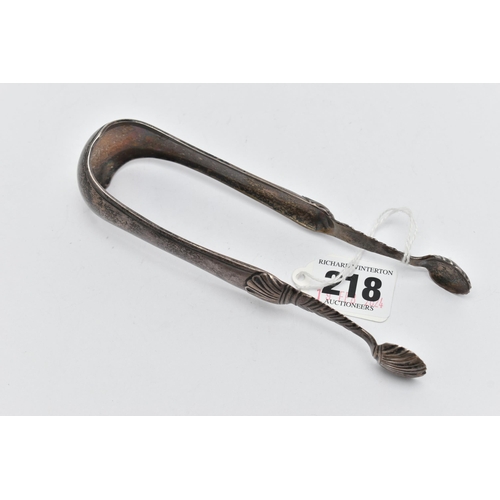 218 - A PAIR OF 19TH CENTURY WHITE METAL SUGAR TONGS, POSSIBLY SCOTTISH PROVINCIAL, Fiddle and Shell style... 