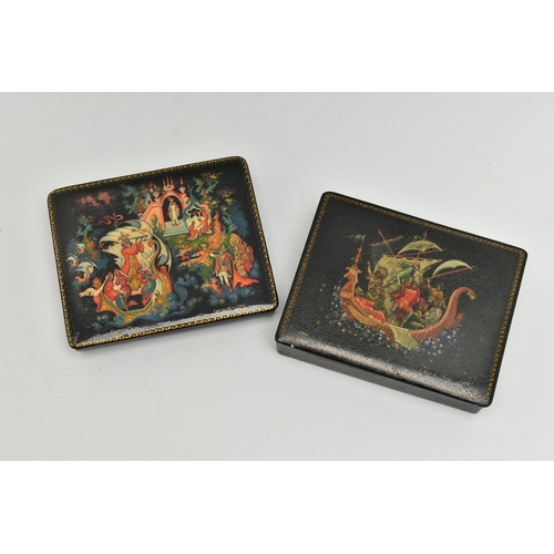 221 - TWO SECOND HALF 2OTH CENTURY RUSSIAN LACQUER BOXES OF RECTANGULAR FORM, hand painted figural scenes ... 